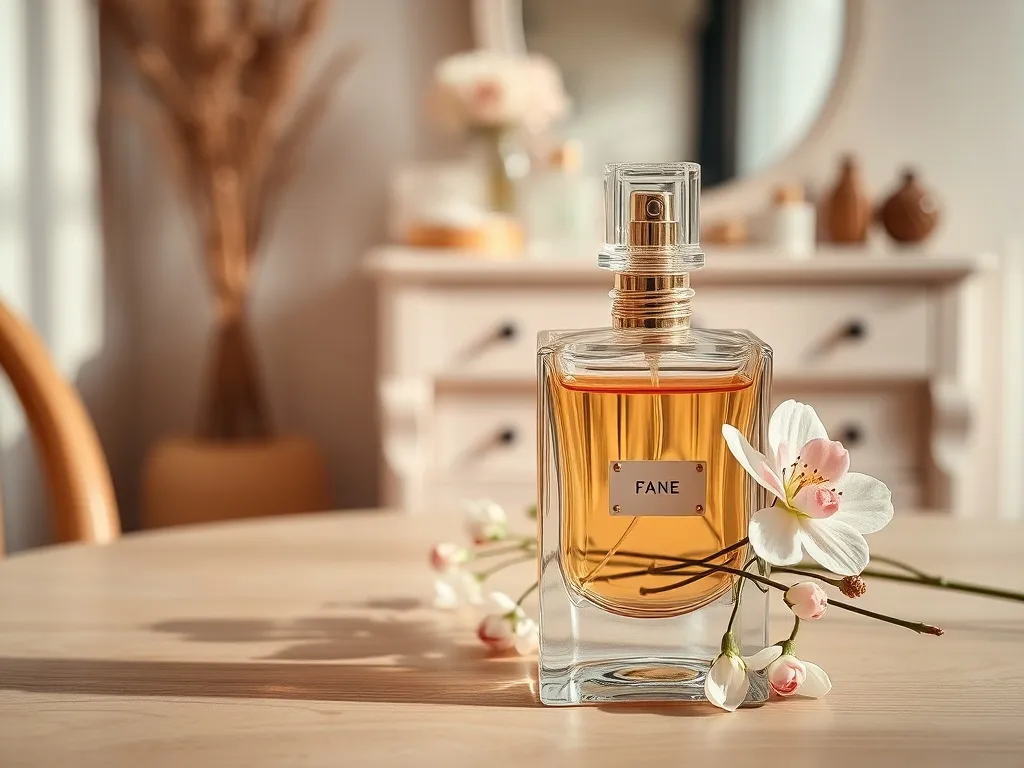 Elegancki flakon perfum La Rive Destinee na drewnianym tle, otoczony jasnymi kwiatami w ciepłym, przytulnym wnętrzu.