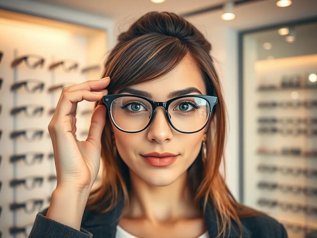 Kobieta o okrągłej twarzy przymierza stylowe okulary w salonie optycznym, na tle jasnego, nowoczesnego wnętrza.