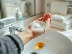 Zadbane dłonie z długimi, naturalnymi paznokciami przy miseczce z olejkiem i patyczkiem do skórek na ręczniku