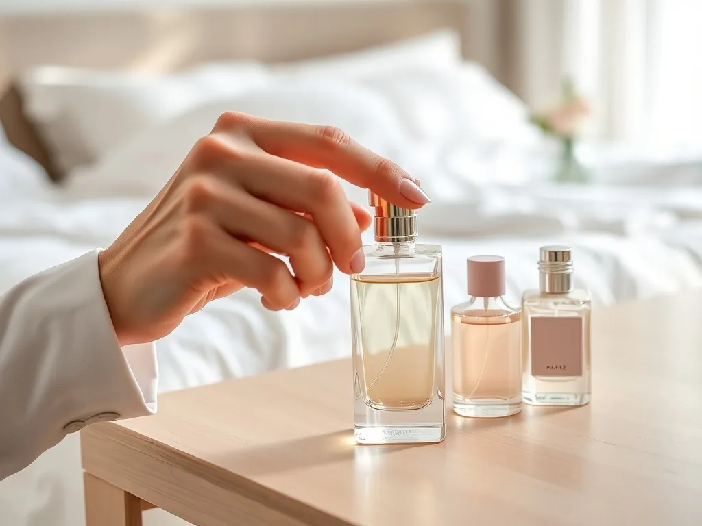 Kobieca dłoń trzyma minimalistyczny flakon perfum Calvin Klein na tle jasnej, eleganckiej sypialni.