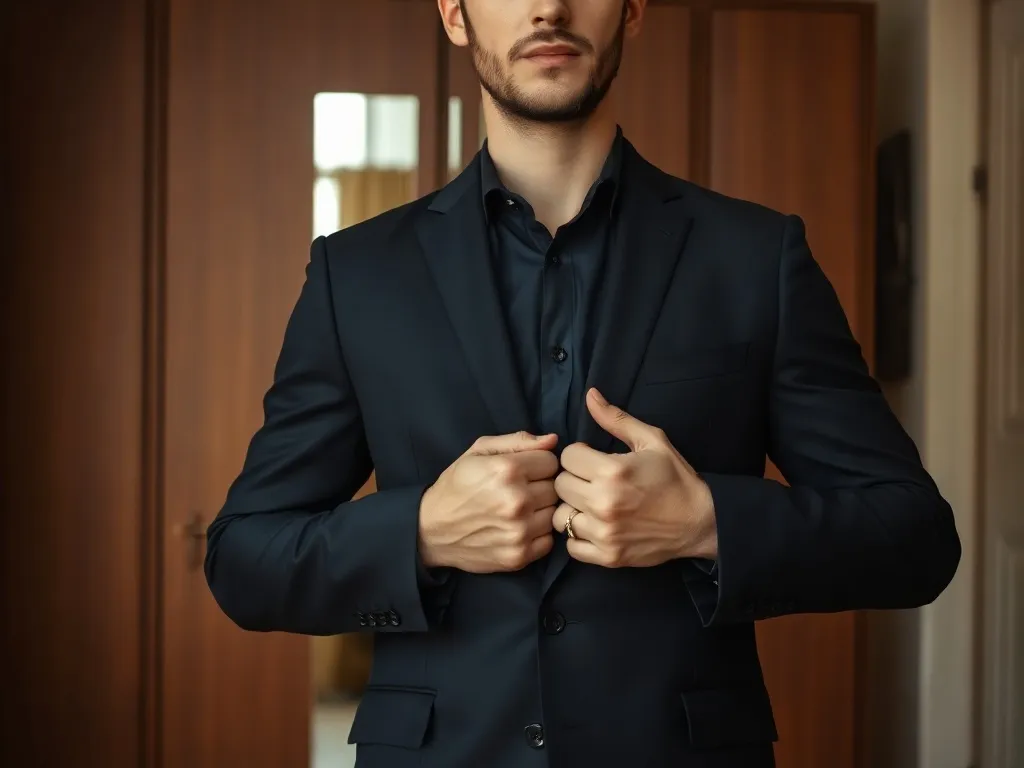 Mężczyzna w eleganckiej marynarce zapina środkowy guzik, ilustrując zasadę zapinania guzików w garniturze.