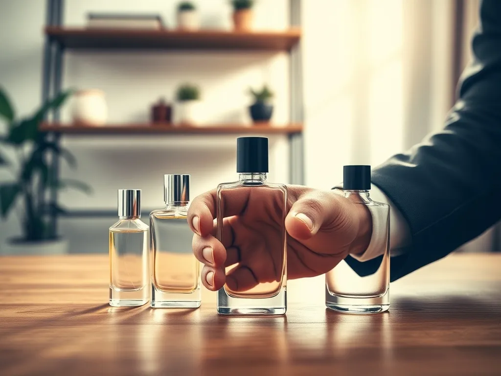 Męska dłoń sięga po elegancki flakon perfum na drewnianym stole, obok innych zapachów Zara w ciepłym, nowoczesnym wnętrzu