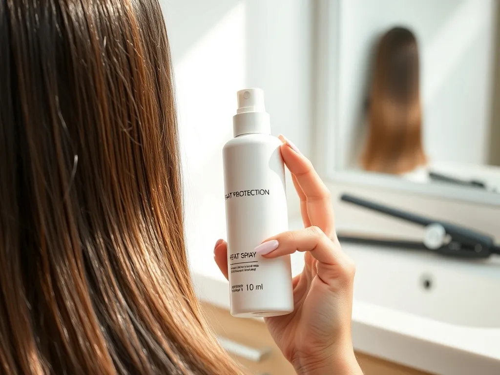 Dłoń kobiety trzymająca spray termoochronny obok gładkich, lśniących włosów na minimalistycznym blacie w łazience.