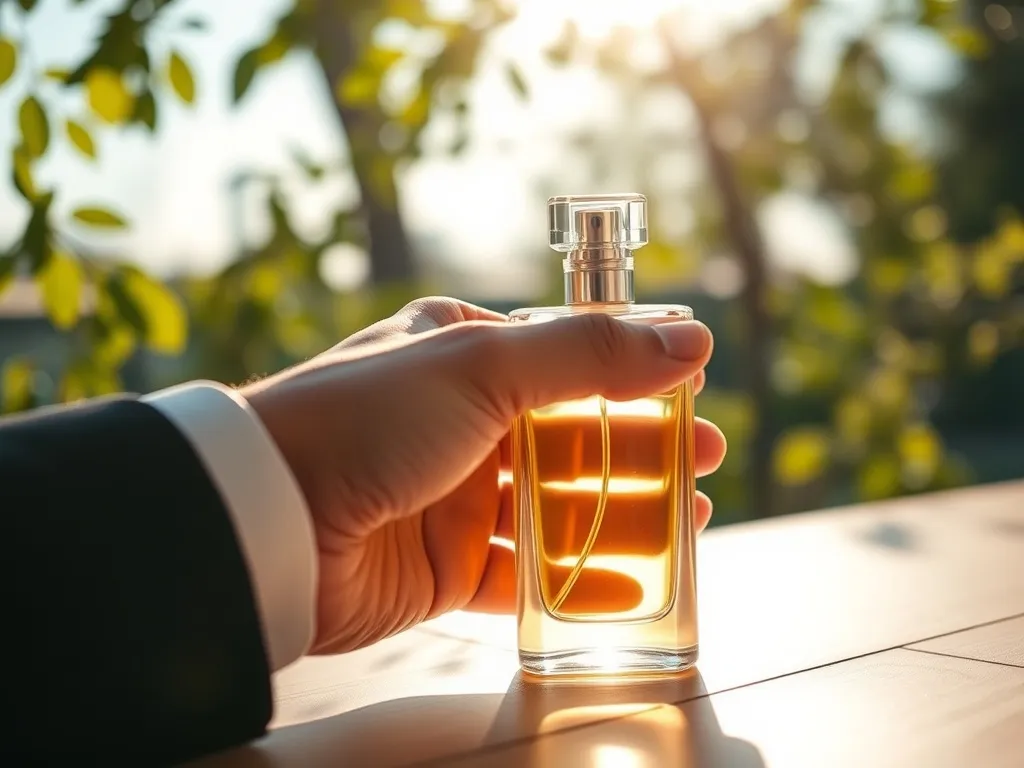 Męska dłoń trzyma elegancki flakon perfum na tle letniego, słonecznego krajobrazu, podkreślając świeży zapach na lato.
