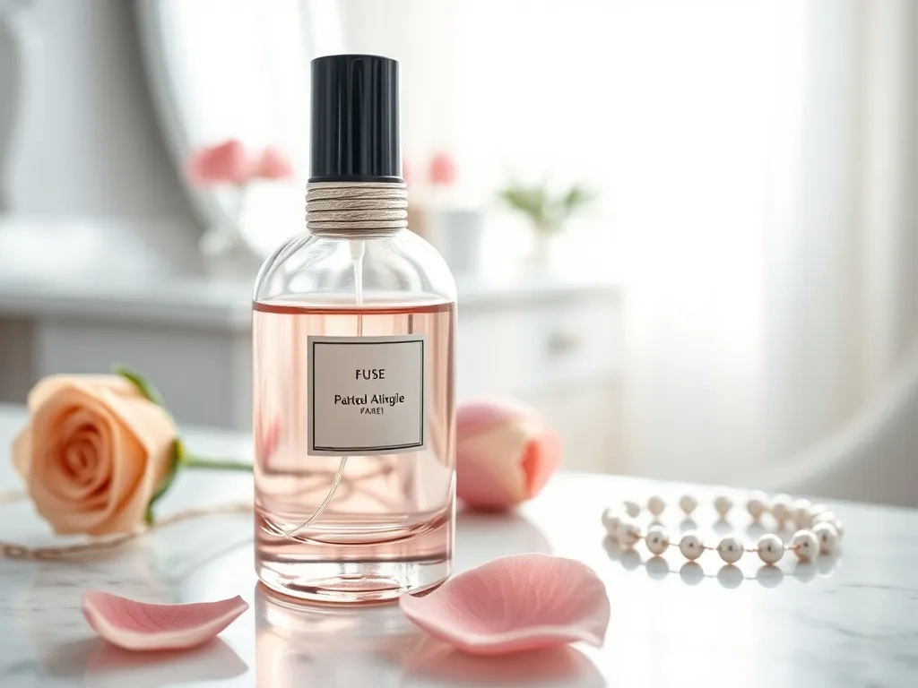 Elegancki flakon perfum w różowym odcieniu na marmurze, otoczony płatkami róż – kobiecy, delikatny charakter zapachu.
