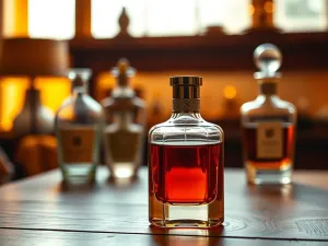 Dwa eleganckie flakony zapachów na jasnej toaletce, symbolizujące lżejszą wodę perfumowaną i intensywniejsze perfumy.
