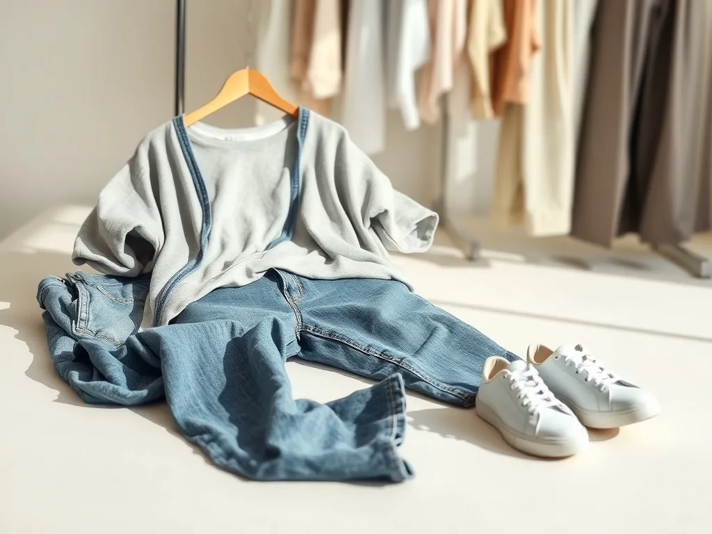 Casualowy zestaw loose fit: luźne jeansy, oversize t‑shirt i białe sneakersy na tle minimalistycznej garderoby.
