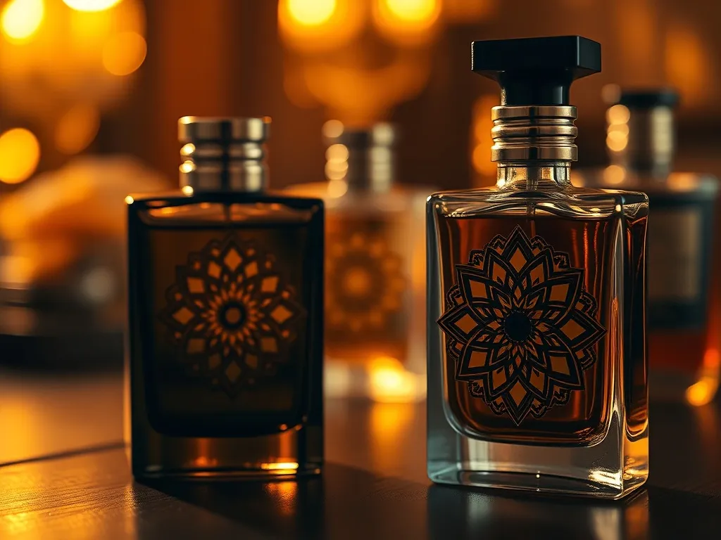 Luksusowy flakon męskich perfum arabskich na tle rozmytych, złotych butelek, tworzących tajemniczy, orientalny klimat.