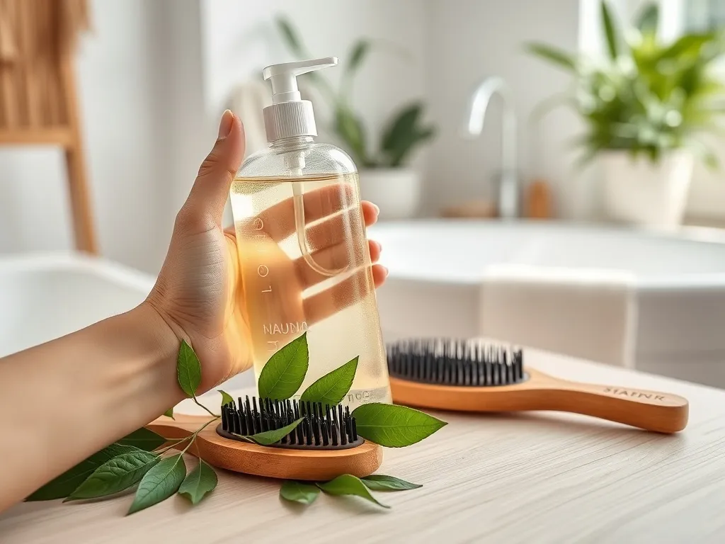 Butelka naturalnego szamponu z pompką na drewnianym stole, otoczona liśćmi i szczotką, w jasnej, minimalistycznej łazience.