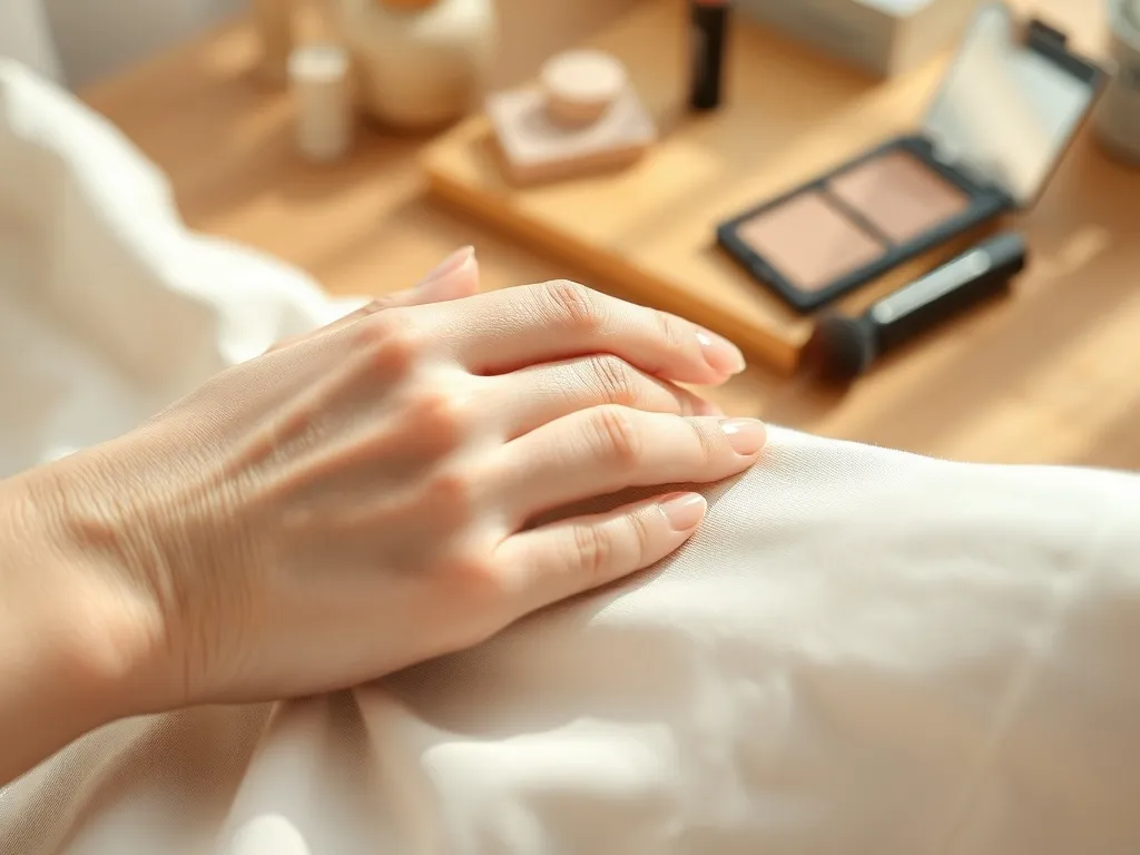 Dłoń z eleganckim, nude manicure na beżowej tkaninie, pokazująca uniwersalny kolor paznokci pasujący do każdej stylizacji.