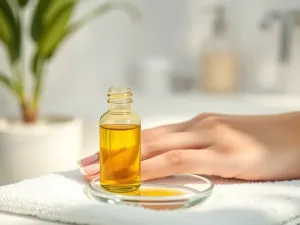 Dłoń z eleganckim manicure w nude i złocie na beżowej tkaninie, w tle rozmazana toaletka z lakierami i białymi kwiatami.