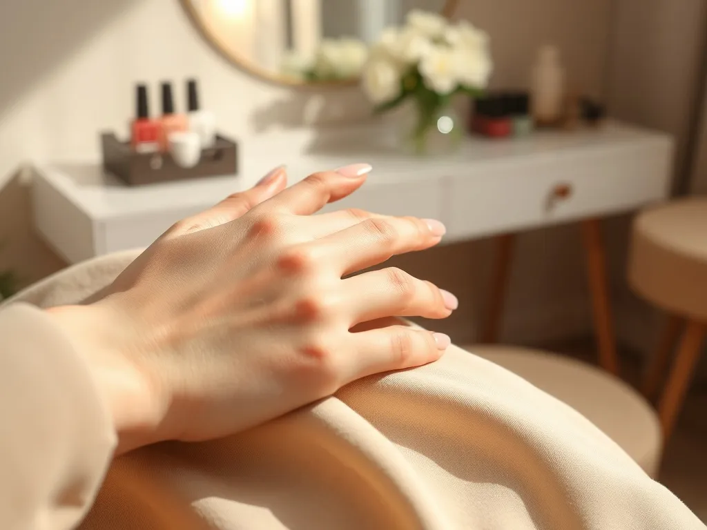 Dłoń z eleganckim manicure w nude i złocie na beżowej tkaninie, w tle rozmazana toaletka z lakierami i białymi kwiatami.