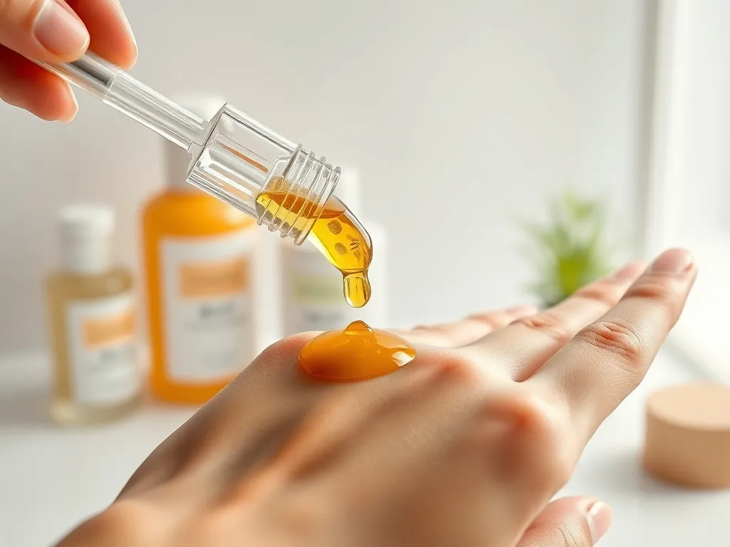 Pipetka nakłada złote serum z witaminą C na dłoń kobiety, minimalistyczne tło podkreśla pielęgnację skóry twarzy.