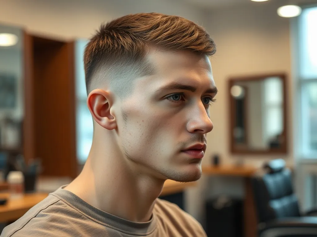 Mężczyzna z krótką wojskową fryzurą: wygolone boki, nieco dłuższa teksturowana góra w nowoczesnym barbershopie.