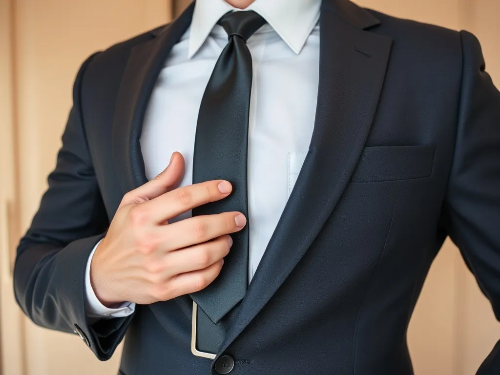 Mężczyzna w eleganckim garniturze poprawia krawat, którego koniec sięga idealnie do klamry paska.