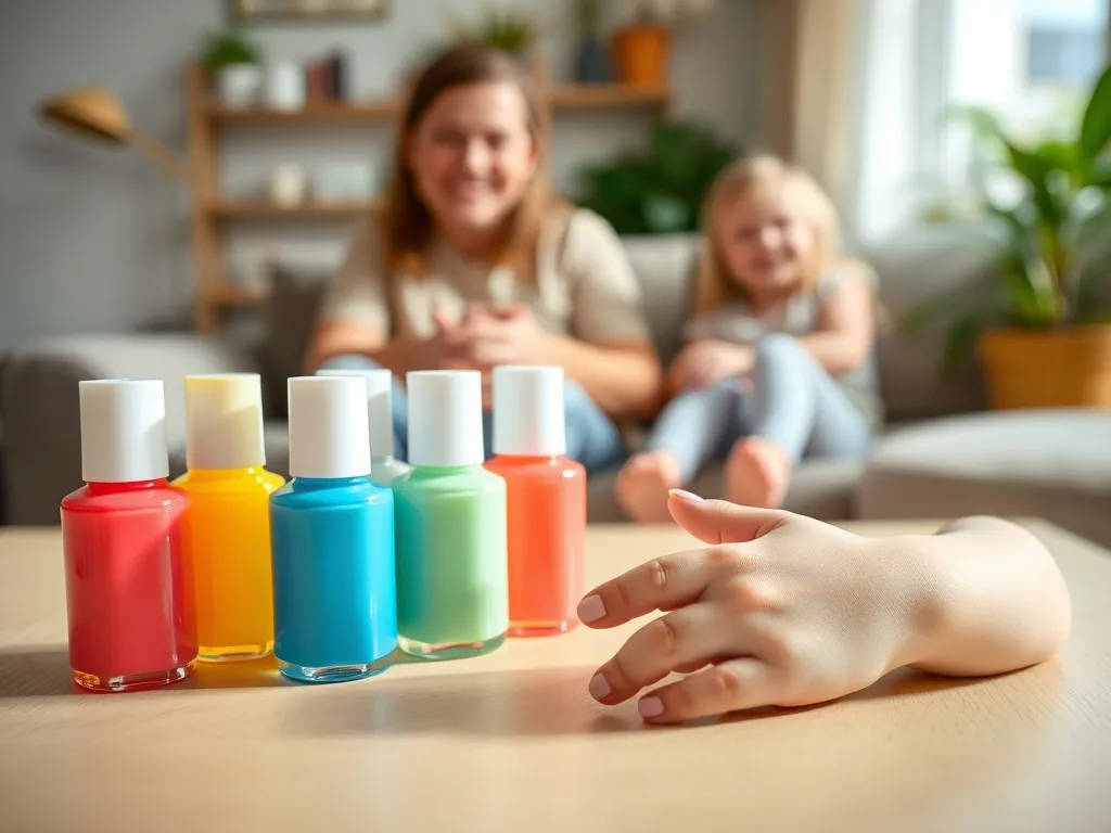 Kolorowe lakiery do paznokci dla dzieci na stoliku, obok dłoni dziecka z pastelowym manicure, w ciepłej domowej atmosferze.