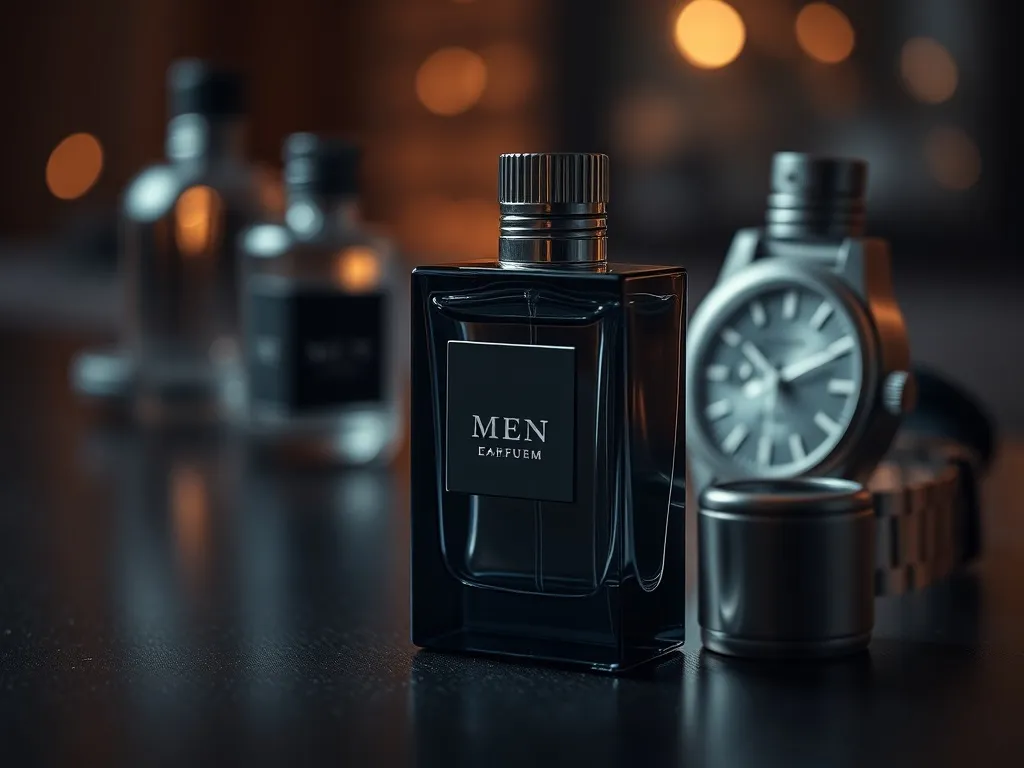 Elegancki flakon męskich perfum na ciemnym drewnie, w ciepłym świetle, podkreślający uwodzicielski, wieczorowy charakter zapachu.
