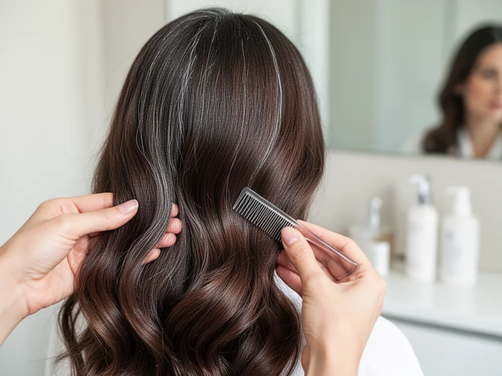 Brunetka dotyka lśniących włosów z subtelnymi siwymi pasmami, przy nasadzie mały grzebień, jasna nowoczesna łazienka w tle