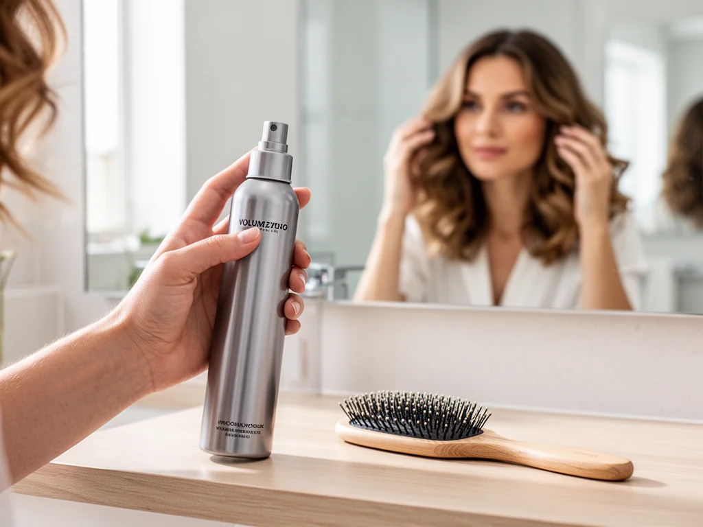 Kobieta w jasnej łazience sięga po spray unoszący włosy, obok leży prosta szczotka do stylizacji.