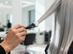 Dłoń z owalnymi, nude paznokciami na białym ręczniku, wysmuklone palce w eleganckim, jasnym salonie manicure.