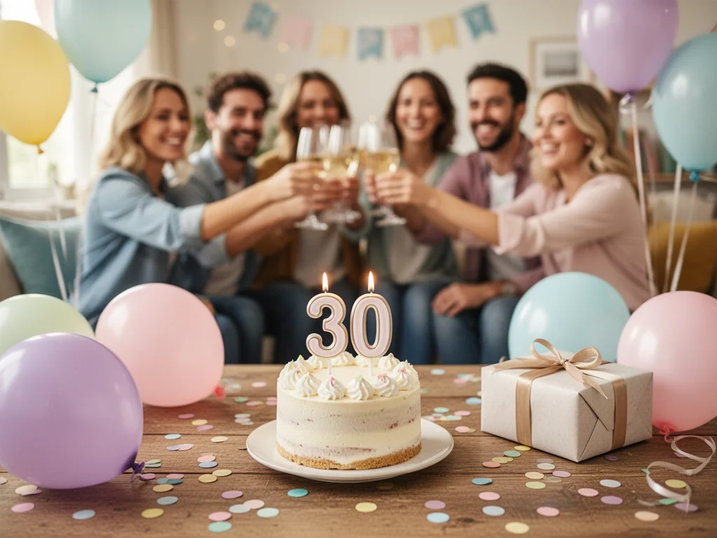 Tort z świeczką „30” w otoczeniu balonów i prezentu, w tle grupa przyjaciół wznosi toast z okazji 30. urodzin.