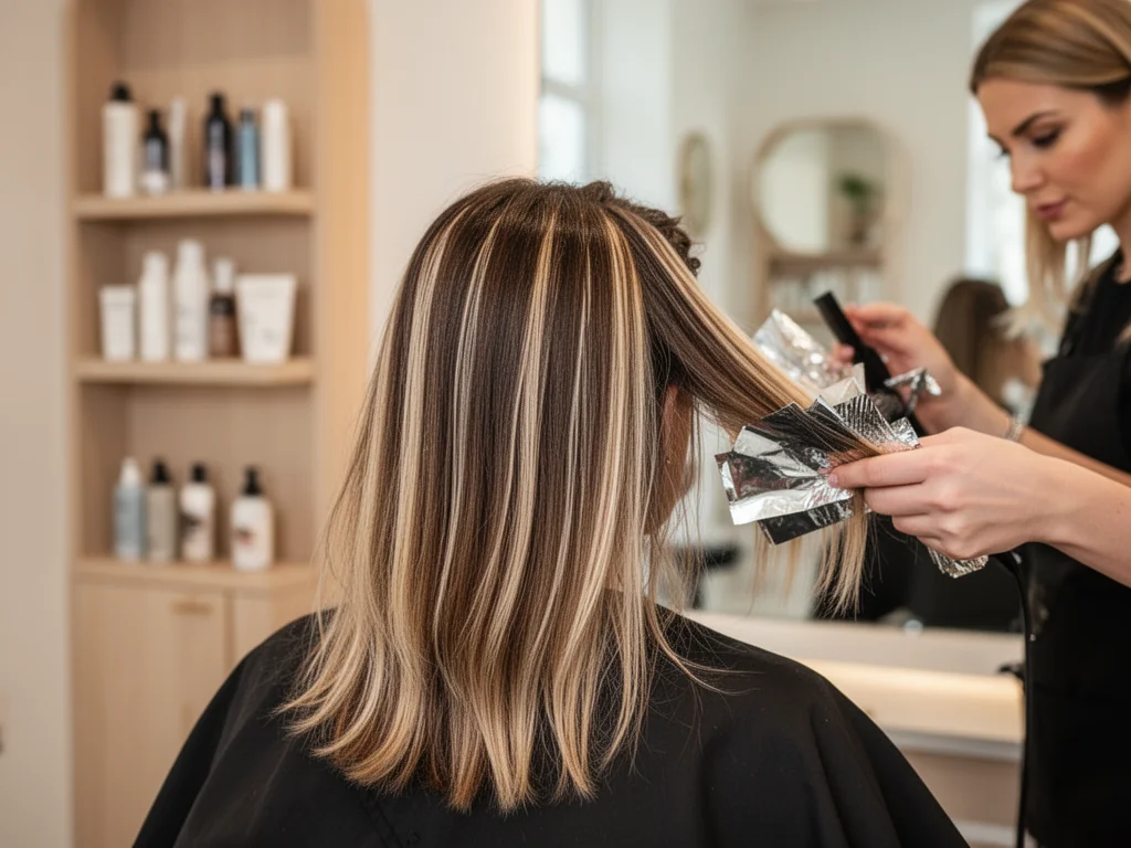 Fryzjerka nakłada pasemka blond i jasny brąz na średniej długości włosy klientki w nowoczesnym, jasnym salonie.