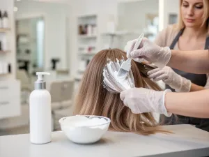 Kobieta z lśniącymi, zdrowymi włosami w profesjonalnym salonie fryzjerskim, podkreślająca ich doskonałą kondycję.