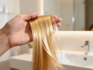 Stylowa kobieta w nowoczesnych okularach i modnej, cieniowanej fryzurze, która podkreśla rysy twarzy.