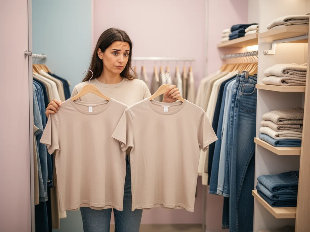 Kobieta w przymierzalni porównuje dwa rozmiary podobnych T‑shirtów, zastanawiając się nad zaniżoną rozmiarówką.
