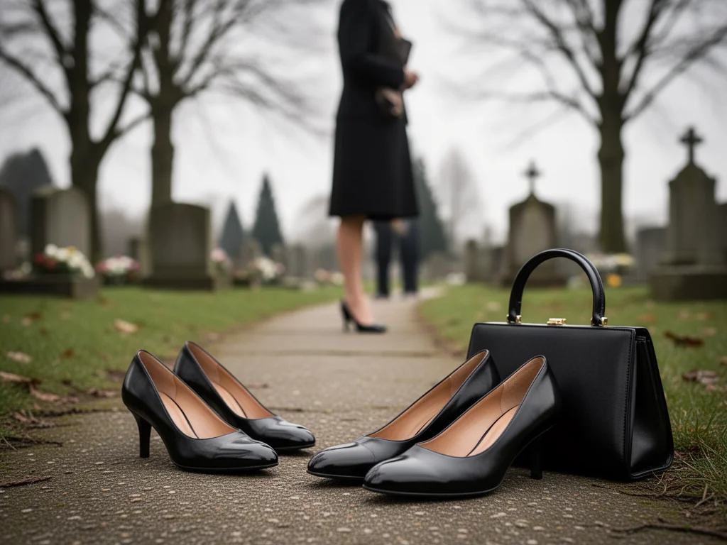 Eleganckie czarne czółenka na niskim obcasie i torebka na alejce cmentarza, przykład stosownego obuwia na pogrzeb.