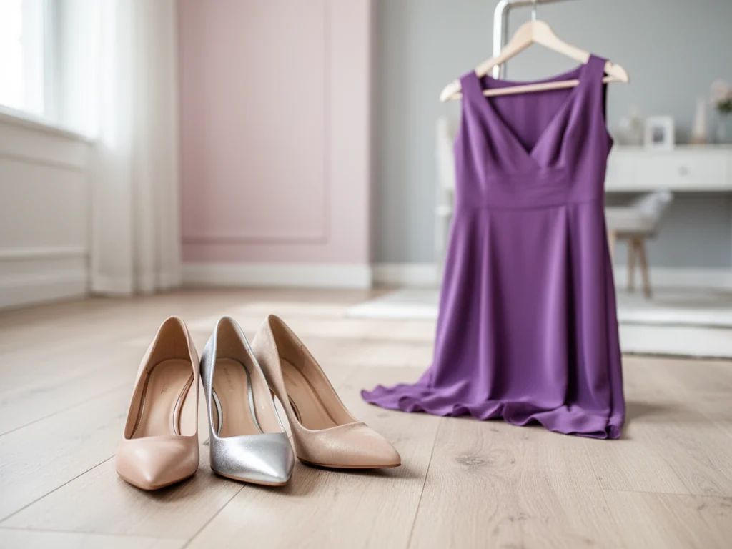 Eleganckie buty w neutralnych kolorach obok fioletowej sukienki, podpowiadające stylizację na wesele.