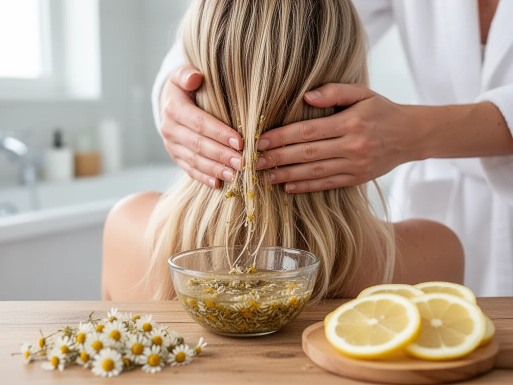 Kobiece blond włosy pielęgnowane domową maseczką z rumiankiem i cytryną, naturalne rozjaśnianie i niwelowanie żółtego odcienia.