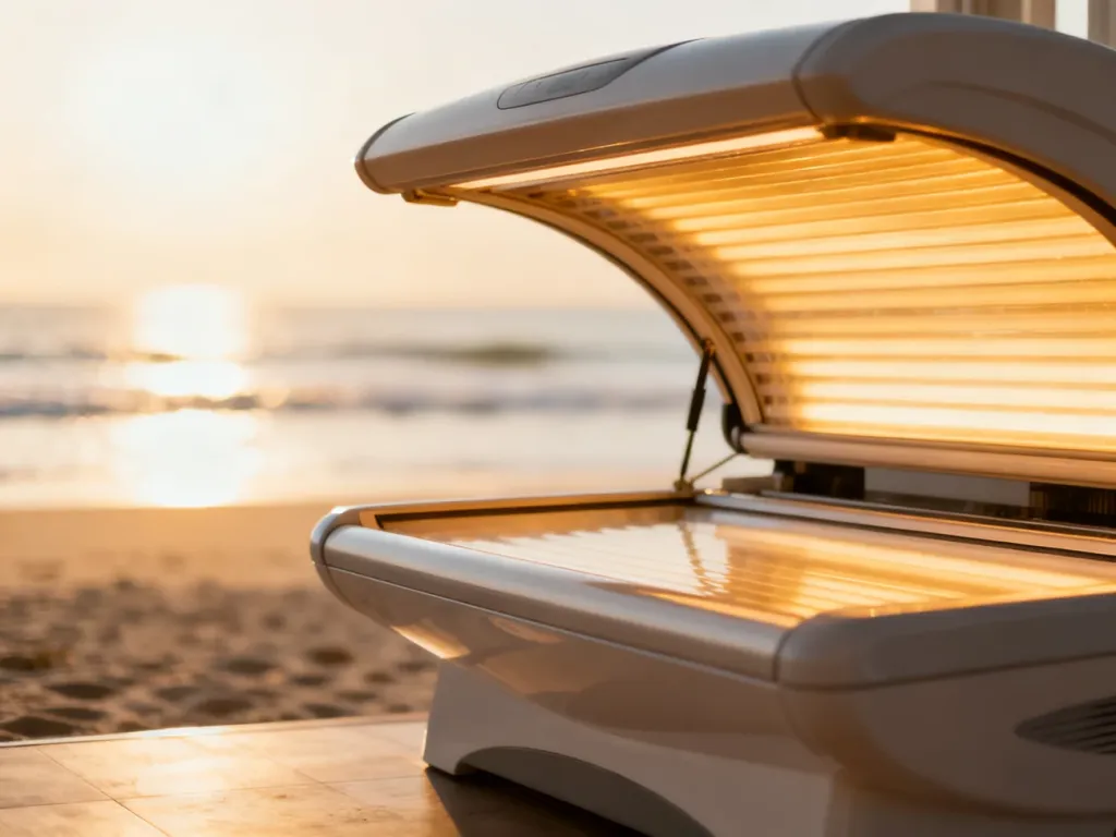 Nowoczesne solarium z otwartą pokrywą emitującą złote światło, zestawione z rozmytym widokiem słonecznej plaży w tle.