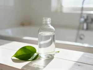 Dłoń z naturalnymi paznokciami obok buteleczki olejku z drzewa herbacianego, przygotowanie do pielęgnacji paznokci.
