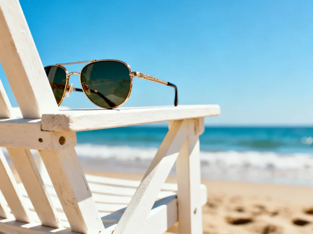 Okulary przeciwsłoneczne na leżaku plażowym w słoneczny dzień, symbolizujące letni wypoczynek i ekspozycję na słońce.