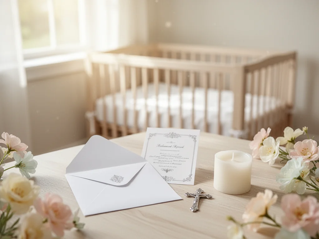 Delikatna kartka z krzyżykiem i świecą na stole, w tle łóżeczko niemowlęcia – nastrój chrztu i błogosławieństwa.