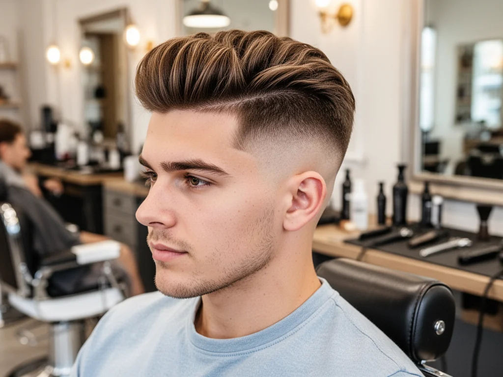 Młody mężczyzna z fryzurą blowout taper, pełna objętości góra i gładkie cieniowanie skroni, w nowoczesnym salonie barberskim.