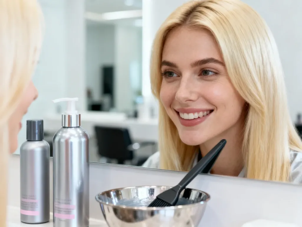 Uśmiechnięta blondynka w nowoczesnym salonie fryzjerskim, obok której znajdują się profesjonalne akcesoria do koloryzacji.
