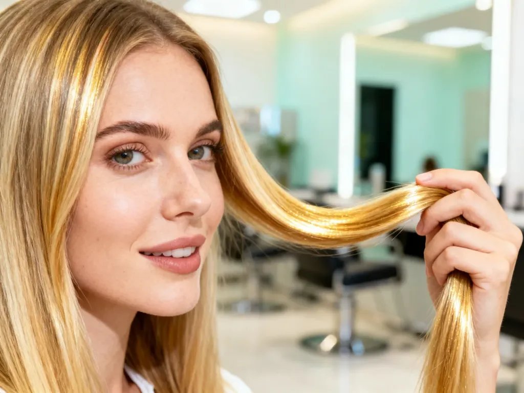 Kobieta z lśniącymi, zdrowymi blond włosami w profesjonalnym salonie fryzjerskim. Zdjęcie podkreśla kondycję włosów po zabiegu.