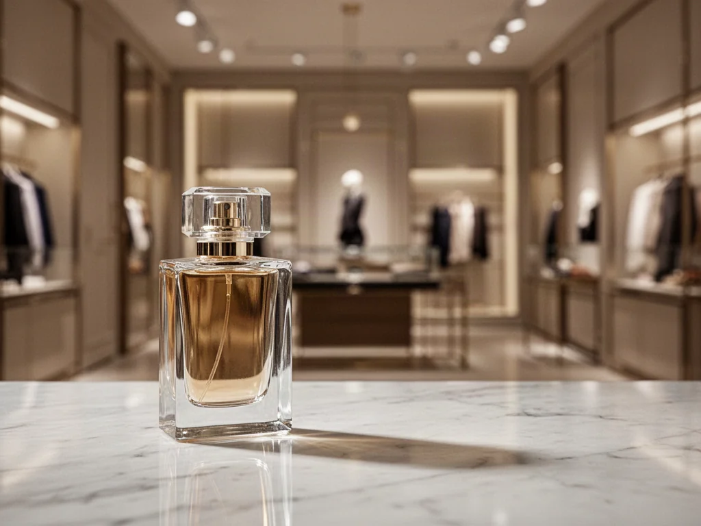 Luksusowy flakon perfum na marmurowym blacie w eleganckim wnętrzu butiku, podkreślający wysoką jakość produktów.