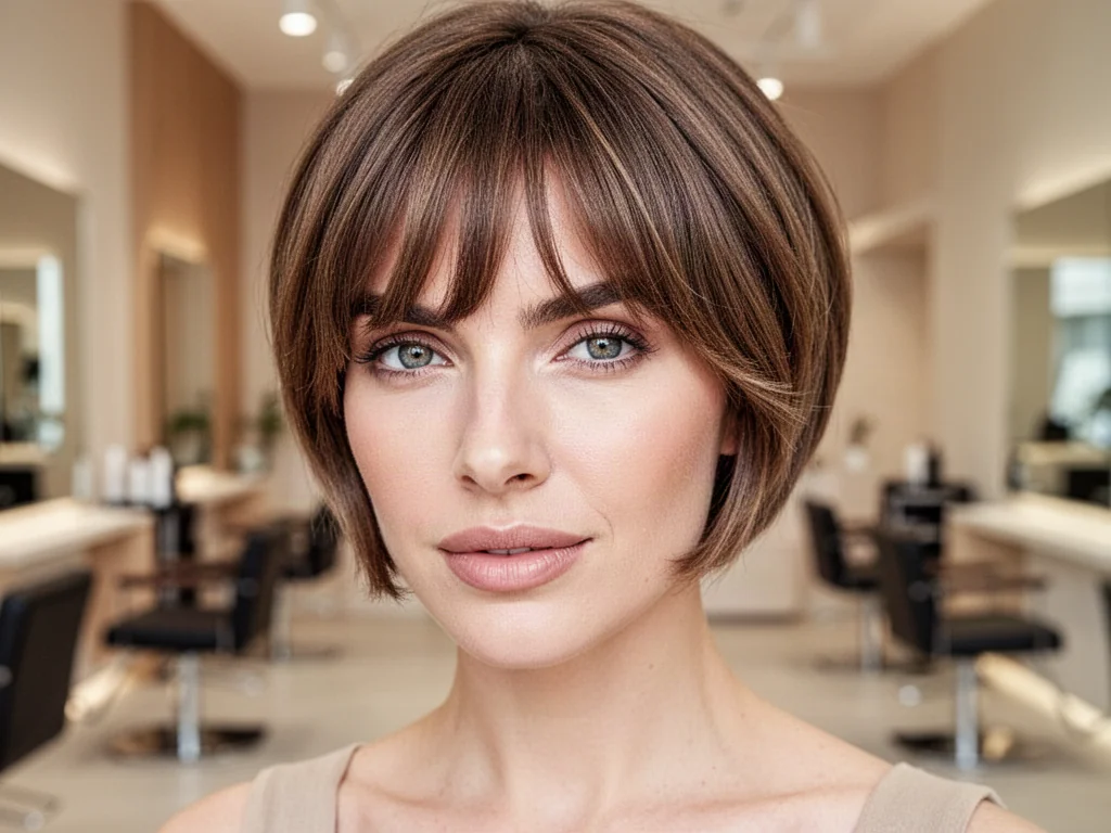 Stylowa kobieta z krótkimi włosami i modną grzywką typu curtain bangs w nowoczesnym salonie fryzjerskim.