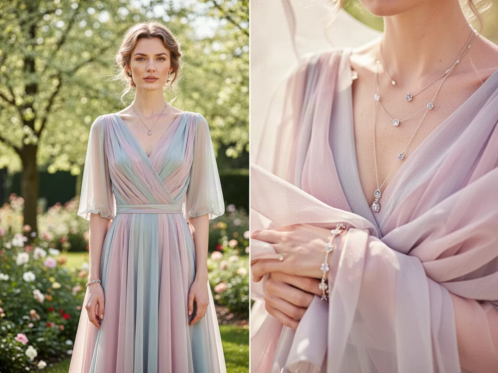 Elegancka kobieta w pastelowej sukience midi w słonecznym ogrodzie, prezentująca stylizację idealną na chrzciny.