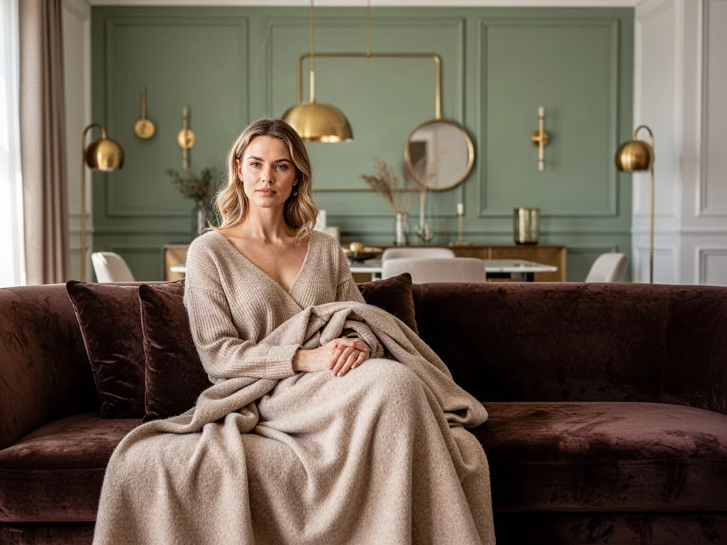 Elegancki salon z czekoladową sofą, beżowym kocem oraz akcentami w kolorze szałwiowej zieleni i złota.