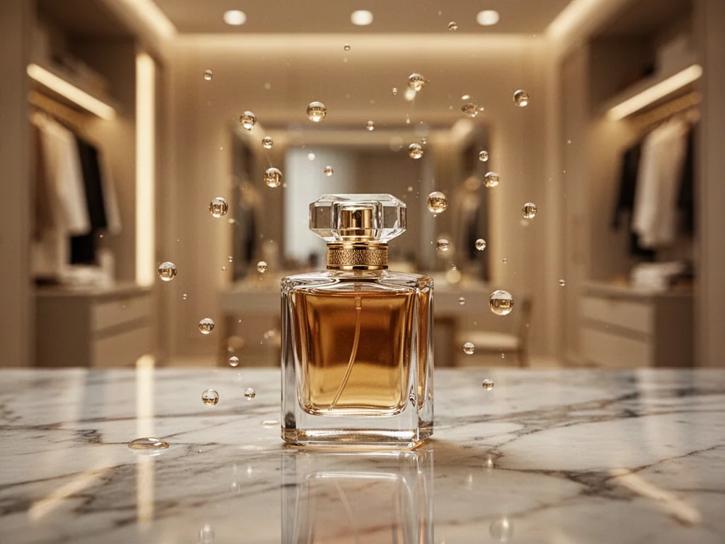 Luksusowy flakon perfum na marmurowym blacie w otoczeniu złotych kropli, podkreślający elegancję i jakość wody perfumowanej.