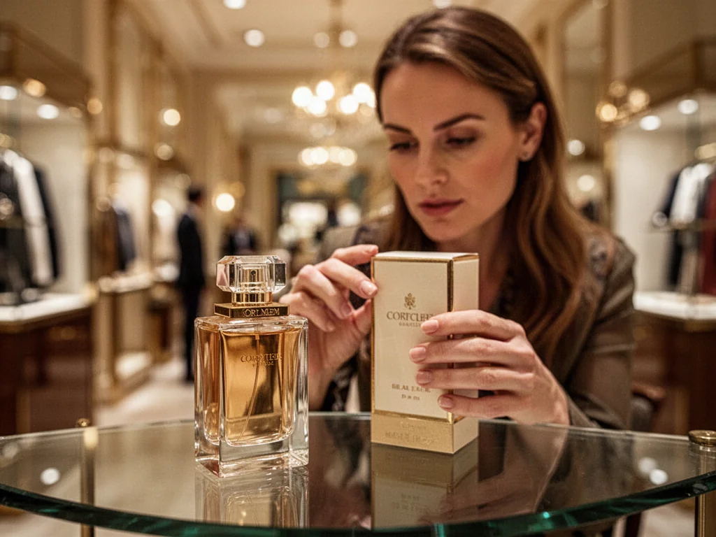 Kobieta w eleganckim butiku dokładnie sprawdza opakowanie luksusowych perfum, weryfikując ich autentyczność.