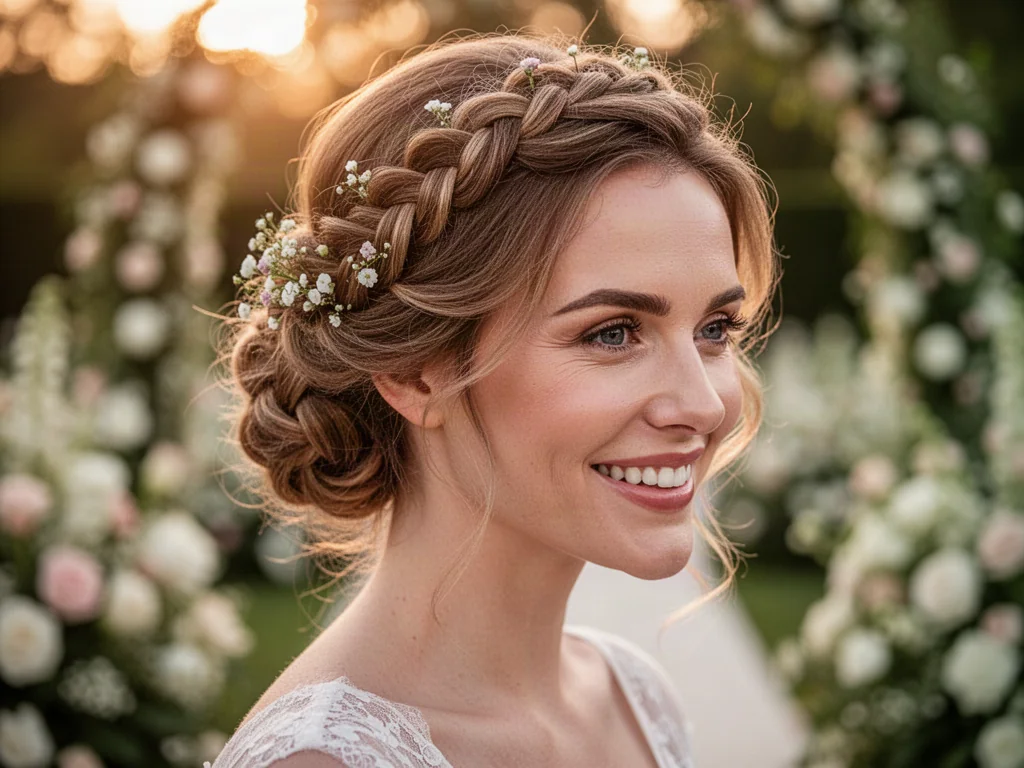Eleganckie upięcie z warkoczem ozdobione drobnymi kwiatami, idealne jako fryzura dla gościa weselnego.