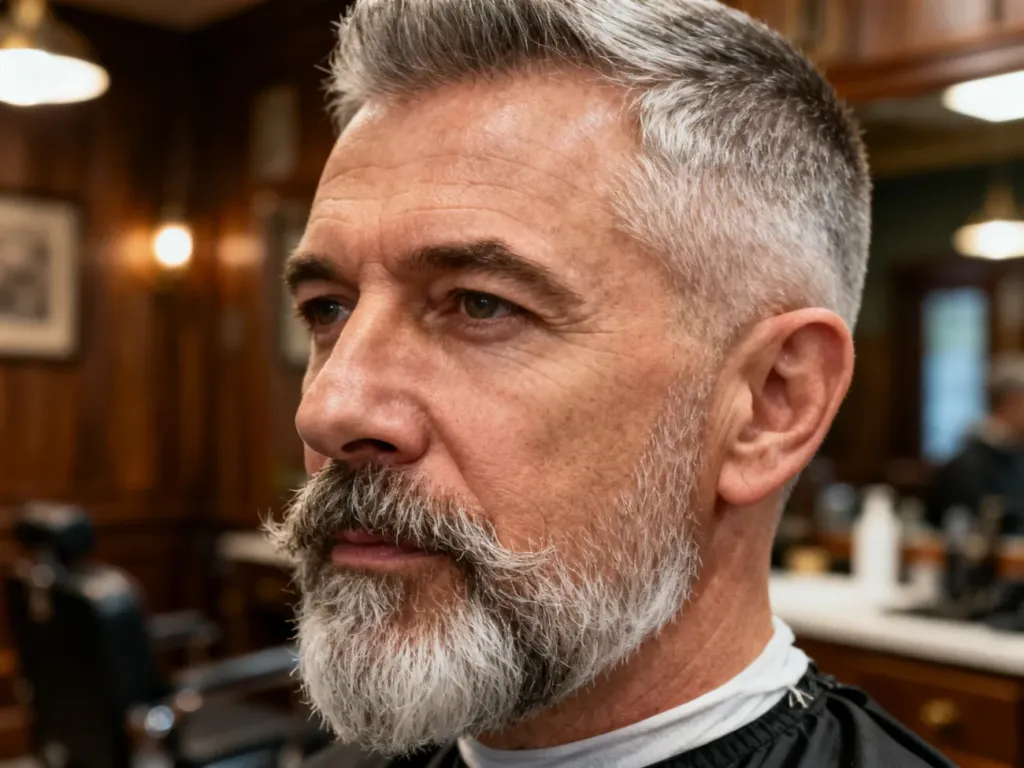 Elegancki mężczyzna po pięćdziesiątce z modną, krótką fryzurą i zadbaną brodą w profesjonalnym salonie fryzjerskim.