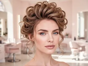 Elegancka kobieta po czterdziestce z modną fryzurą z grzywką, prezentująca nowoczesne i stylowe cięcie w salonie fryzjerskim.
