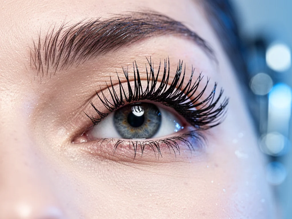 Zbliżenie na oko z perfekcyjnie wystylizowanymi rzęsami w efekcie „wet look”, tworzącymi delikatne, lśniące kępki.