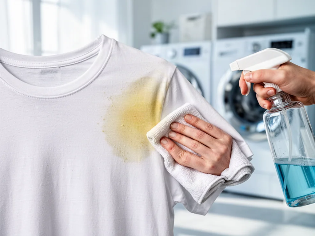 Spryskiwanie żółtej plamy z potu na białym bawełnianym t-shircie podczas usuwania zabrudzenia w pralni.